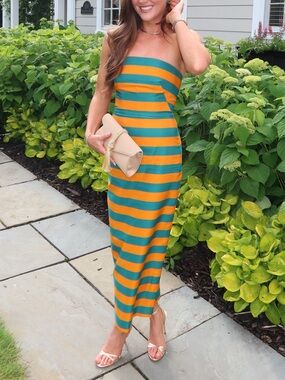 Brandon Maxwell Teal and Orange Striped Strapless Dress
